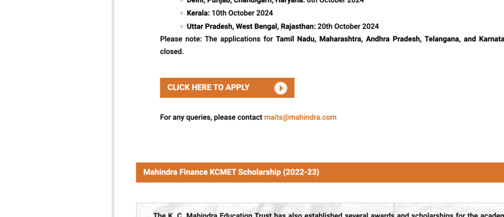 KC Mahindra Scholarship Online